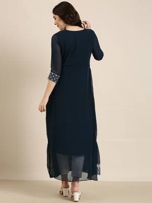 women's ankle length round neck teal solid anarkali kurta 5
