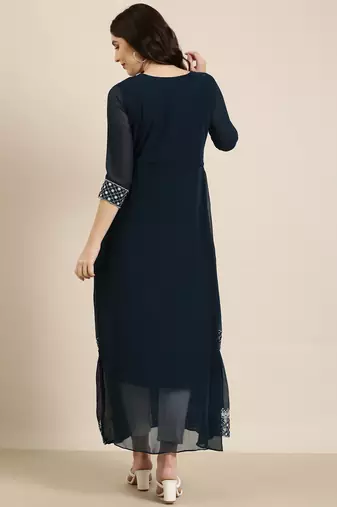 women's ankle length round neck teal solid anarkali kurta