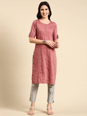 women's knee length scoop neck mauve woven design straight kurta 1