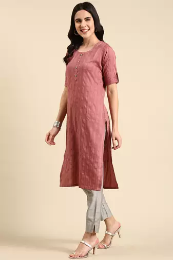 women's knee length scoop neck mauve woven design straight kurta