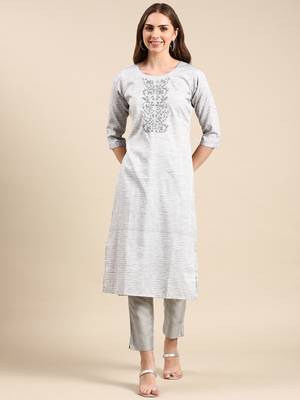 women's calf length round neck grey woven design straight kurta 1