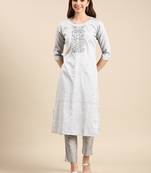 women's calf length round neck grey woven design straight kurta