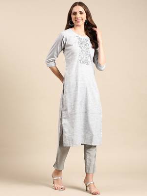 women's calf length round neck grey woven design straight kurta 4