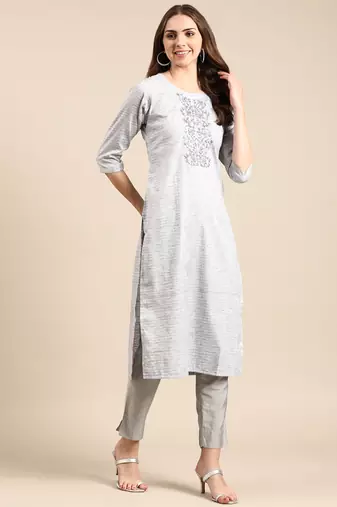 women's calf length round neck grey woven design straight kurta