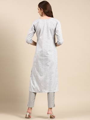 women's calf length round neck grey woven design straight kurta 5