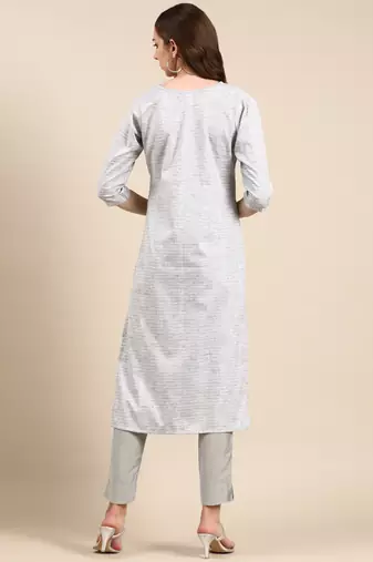 women's calf length round neck grey woven design straight kurta