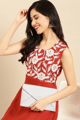 Showoff women's ankle length round neck rust solid anarkali kurta