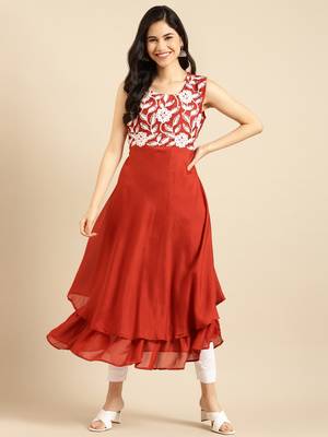 Showoff women's ankle length round neck rust solid anarkali kurta 2