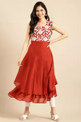 Showoff women's ankle length round neck rust solid anarkali kurta