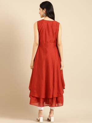 Showoff women's ankle length round neck rust solid anarkali kurta 3