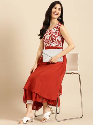 Showoff women's ankle length round neck rust solid anarkali kurta 4