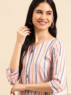 women's calf length round neck multi woven design straight kurta 1