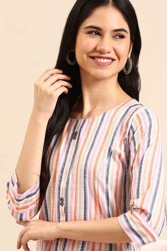 women's calf length round neck multi woven design straight kurta