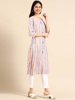 women's calf length round neck multi woven design straight kurta 4