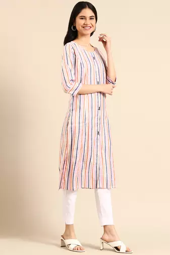 women's calf length round neck multi woven design straight kurta