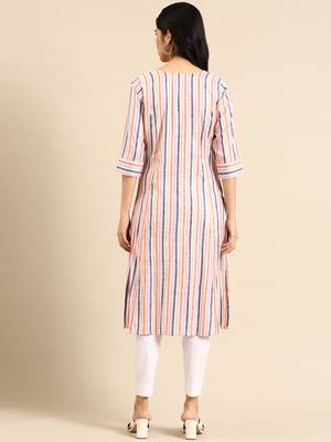 women's calf length round neck multi woven design straight kurta 5