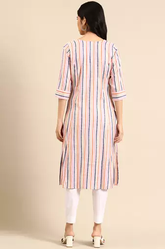 women's calf length round neck multi woven design straight kurta