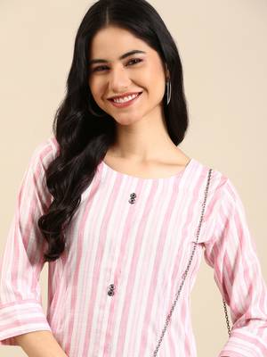 women's calf length round neck pink woven design straight kurta 1