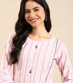 women's calf length round neck pink woven design straight kurta