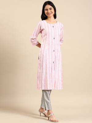 women's calf length round neck pink woven design straight kurta 4