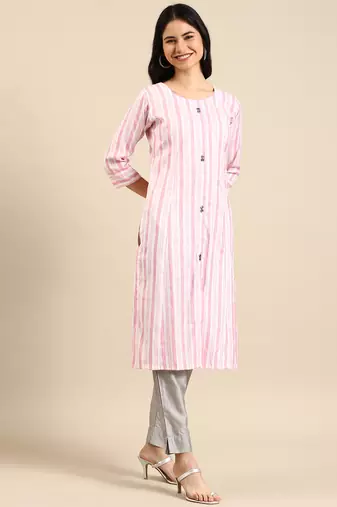 women's calf length round neck pink woven design straight kurta