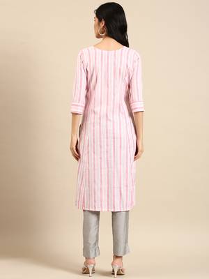women's calf length round neck pink woven design straight kurta 5