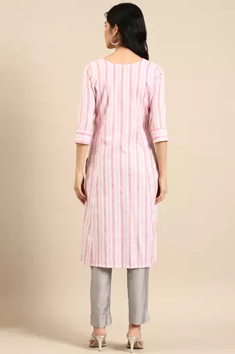 women's calf length round neck pink woven design straight kurta