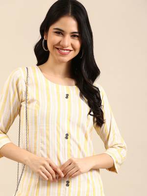 women's calf length round neck yellow woven design straight kurta 1