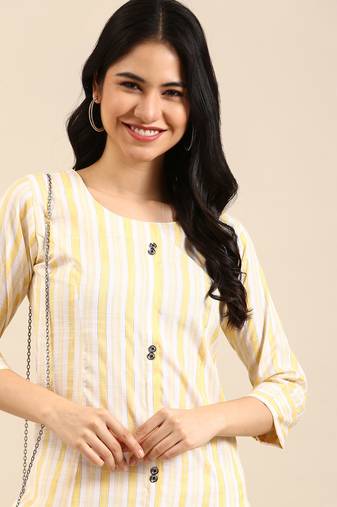 women's calf length round neck yellow woven design straight kurta