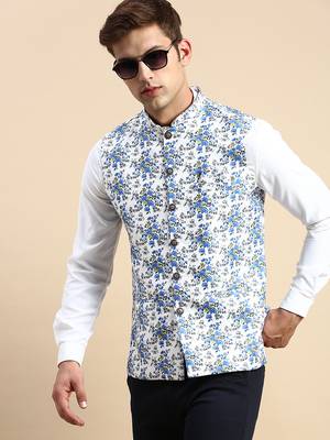 Men's Printed Mandarin Collar White Nehru Jacket 1