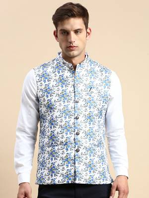 Men's Printed Mandarin Collar White Nehru Jacket 2
