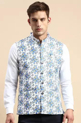 Men's Printed Mandarin Collar White Nehru Jacket