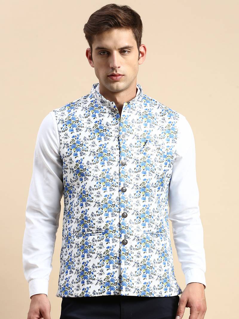 Men's Printed Mandarin Collar White Nehru Jacket