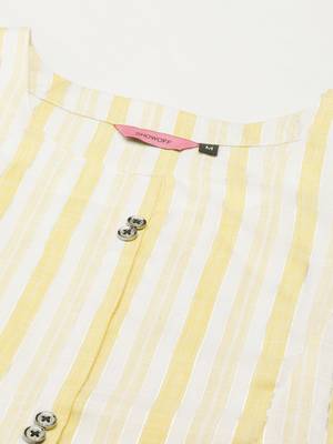 women's calf length round neck yellow woven design straight kurta 2