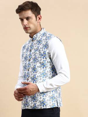 Men's Printed Mandarin Collar White Nehru Jacket 3