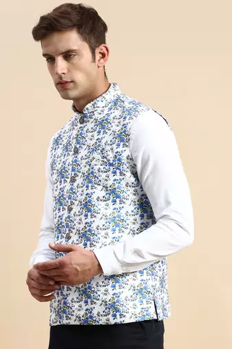 Men's Printed Mandarin Collar White Nehru Jacket