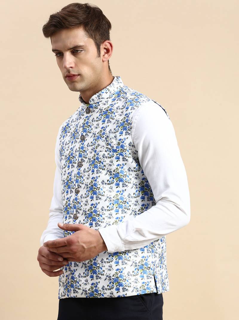 Men's Printed Mandarin Collar White Nehru Jacket