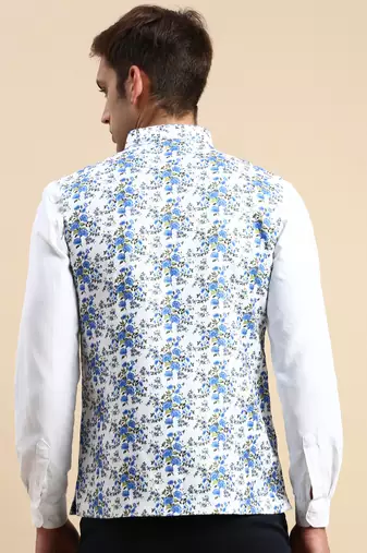 Men's Printed Mandarin Collar White Nehru Jacket