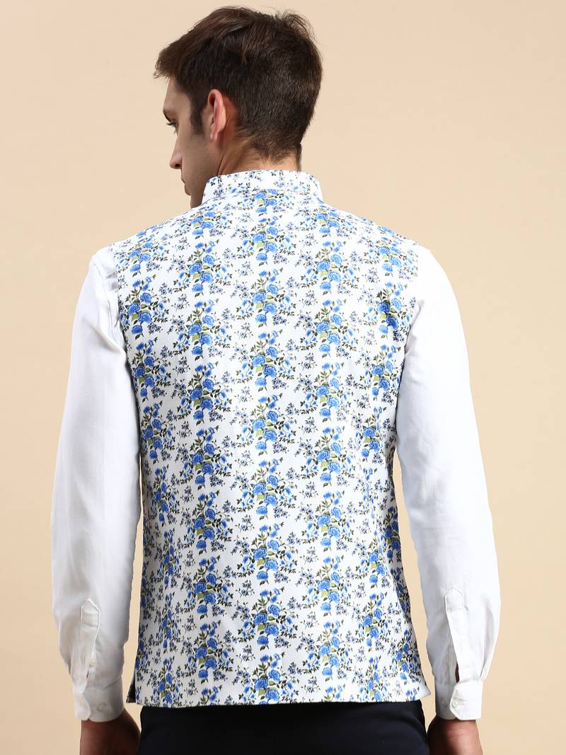 Men's Printed Mandarin Collar White Nehru Jacket