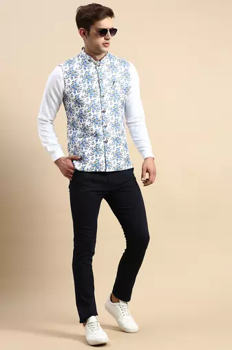 Men's Printed Mandarin Collar White Nehru Jacket