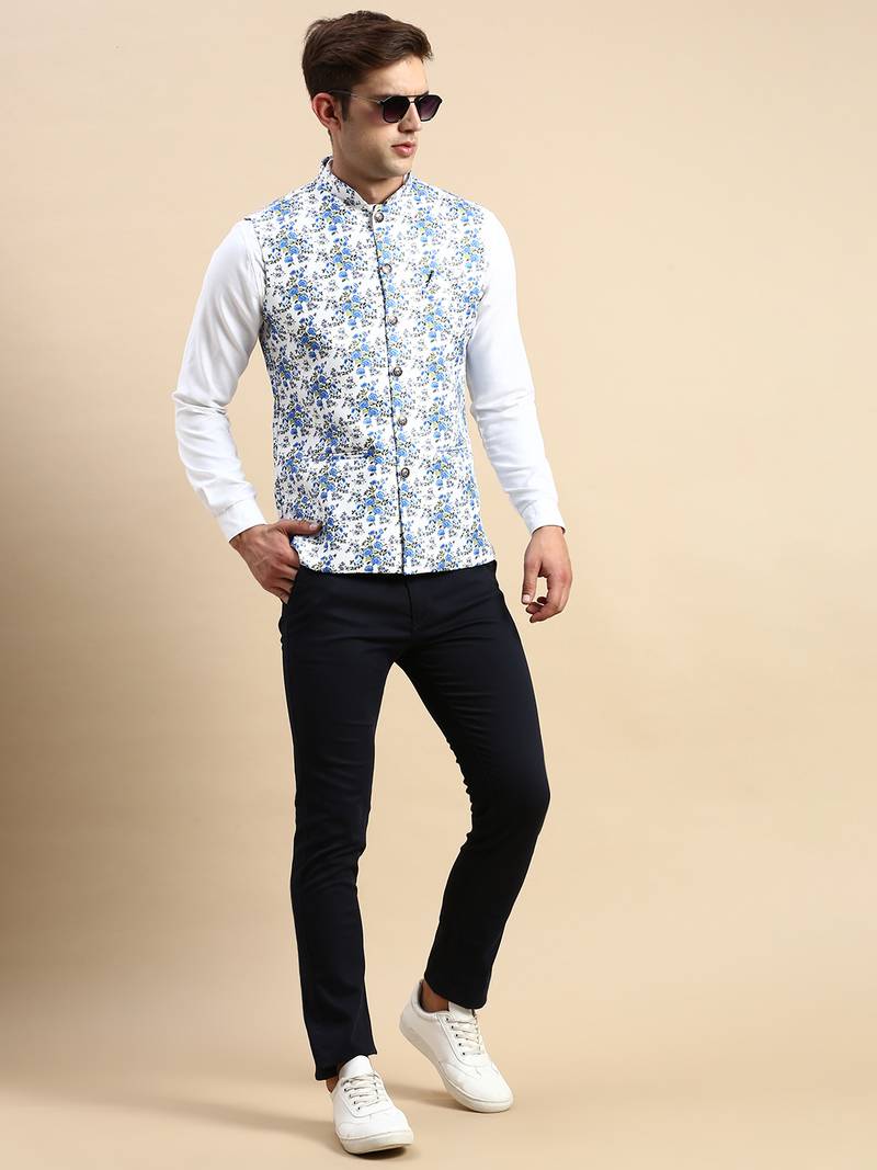Men's Printed Mandarin Collar White Nehru Jacket
