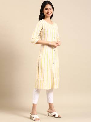 women's calf length round neck yellow woven design straight kurta 4