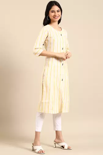 women's calf length round neck yellow woven design straight kurta