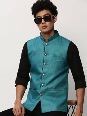 Men's Solid Blue Nehru Jackets 1