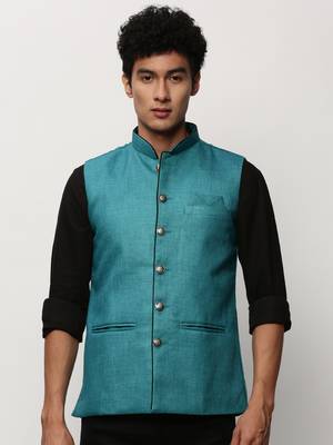 Men's Solid Blue Nehru Jackets 2