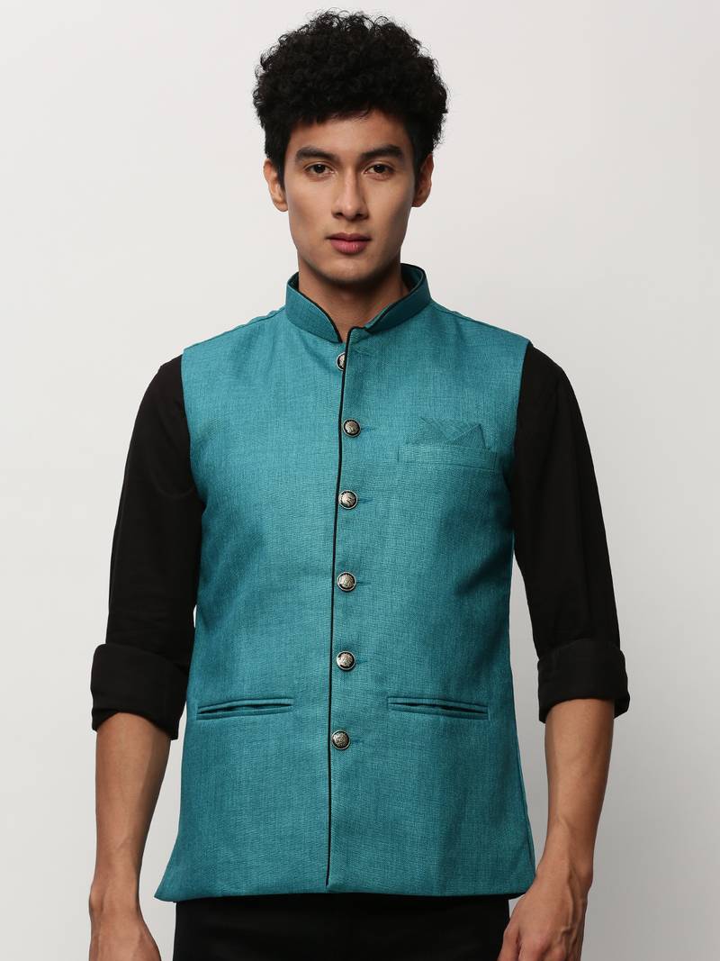 Men's Solid Blue Nehru Jackets