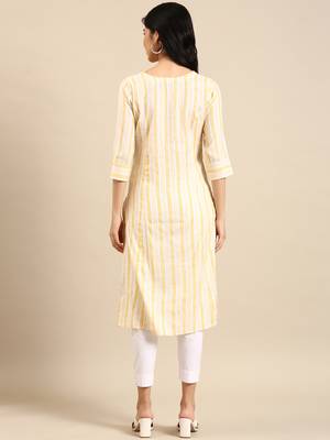 women's calf length round neck yellow woven design straight kurta 5