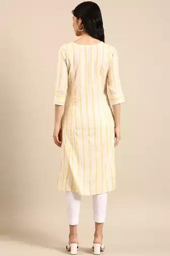women's calf length round neck yellow woven design straight kurta