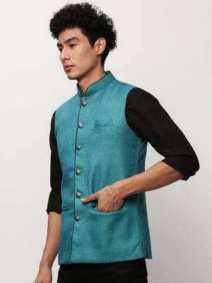 Men's Solid Blue Nehru Jackets 3