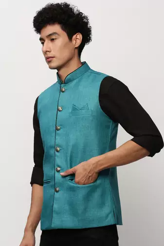 Men's Solid Blue Nehru Jackets